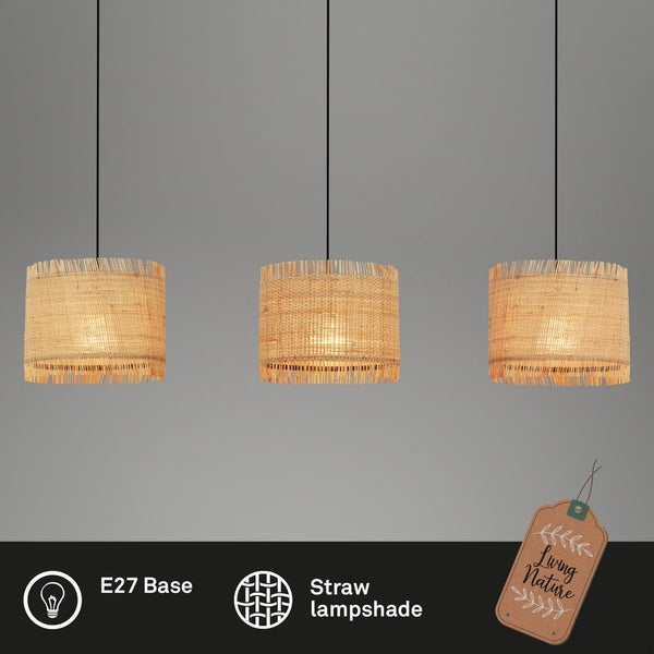 Briloner Borra Pendelleuchte, Strohschirm, 3-Flammig, Boho-Stil, E27 Fassung, Natur, 110 x 25 x 120 cm