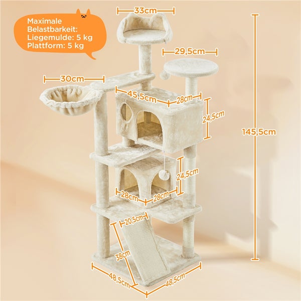 Kratzbaum mit Liegemulde, Plattformen, Höhlen und Kratzfläche, Höhe 145,5 cm