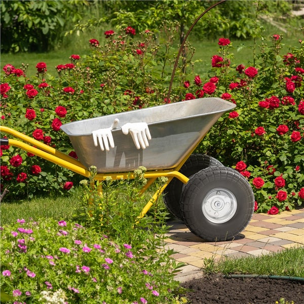 Garten Szene mit Schubkarre, Gartenhandschuhen und Rosenbüschen.