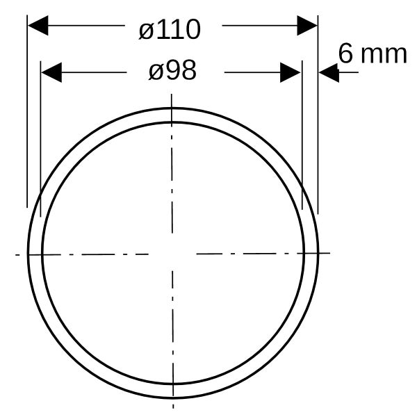 Technische Zeichnung eines Rings mit Außendurchmesser 110 Millimeter, Innendurchmesser 98 Millimeter und Wandstärke 6 Millimeter.