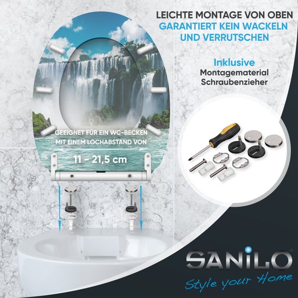 WC-Sitz mit Wasserfall-Motiv inklusive Montagematerial und Schraubenzieher. Lochabstand 11 bis 21,5 Zentimeter. Montage von oben. Sanilo Logo.