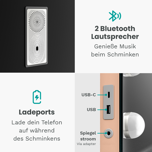 Mirlux Hollywood Make Up Spiegel LED-Beleuchtung - Bluetooth-Lautsprecher - 10x Zoom - Aufhängbar - Rose Gold - 80x60cm