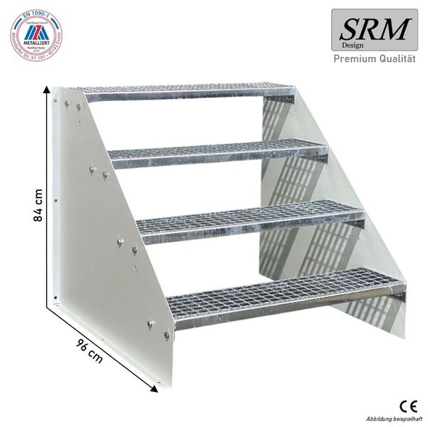 Stahltreppe mit 4 Gitterroststufen und weißen Wangen, SRM Design Logo, Höhe 84 Zentimeter, Tiefe 96 Zentimeter.