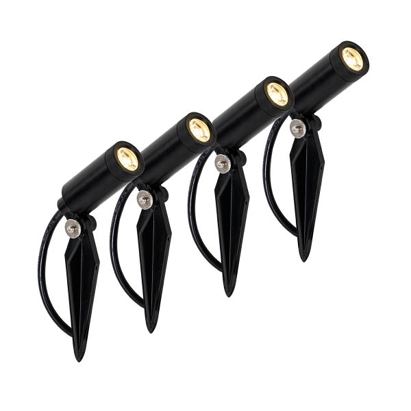 Vier schwarze LED-Gartenspots mit Erdspießen für die Außenbeleuchtung.