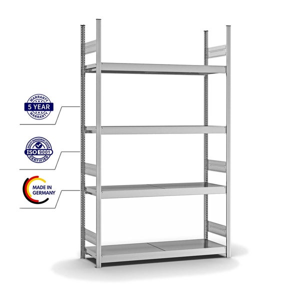 PROREGAL Weitspannregal Stecksystem T-Profil Grundregal HxBxT 250x150x40 cm 4 Ebenen Stahlplatten Fachboden Fachlast 350 kg Verzinkt