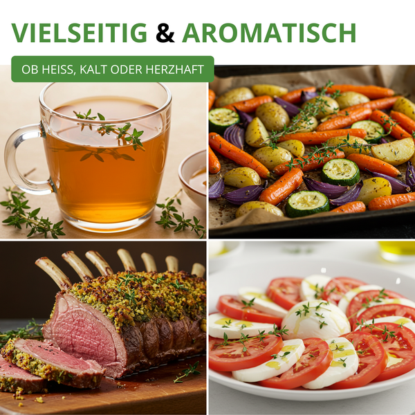 Collage mit Tee, Ofengemüse, Lammkarree und Tomate-Mozzarella-Salat zur Veranschaulichung der vielseitigen Verwendung von Kräutern.