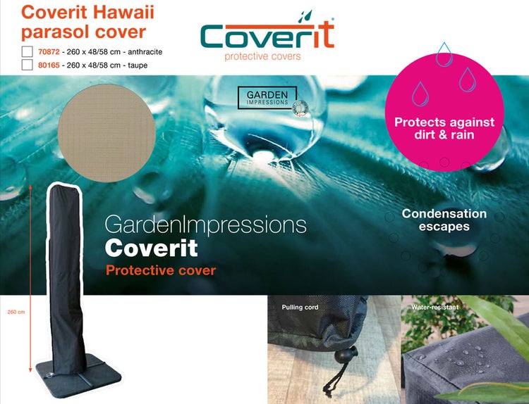 Coverit Hawaii Sonnenschirm-Schutzhülle von Garden Impressions, wasserabweisend, atmungsaktiv, Höhe 260 Zentimeter. Coverit Logo.