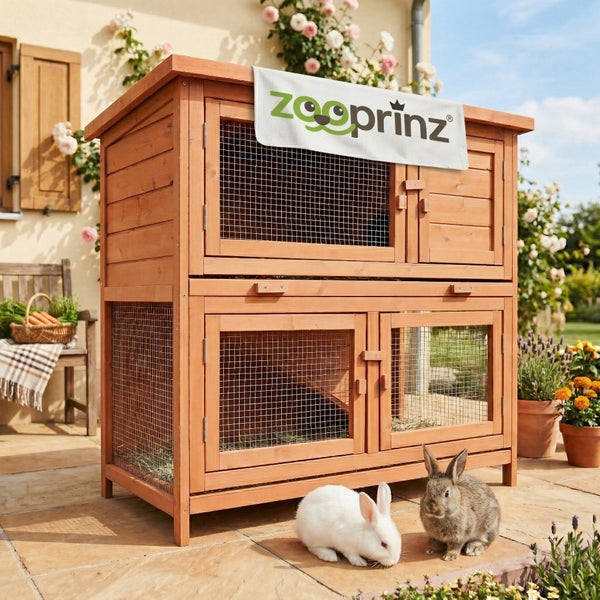 Zweistöckiger Kaninchenstall aus Holz mit Drahtgitter und zooprinz Logo auf einer hellen Terrasse im Außenbereich mit zwei Kaninchen.