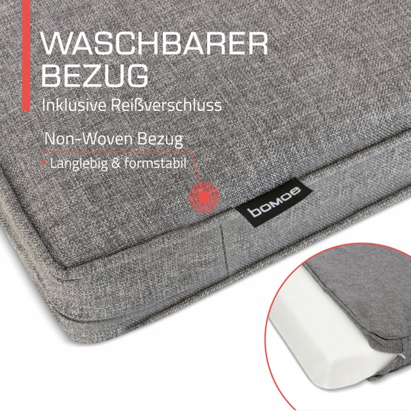 Stoffpolsterkissen mit waschbarem Textilbezug inklusive Reißverschluss und Bomoe Logo.