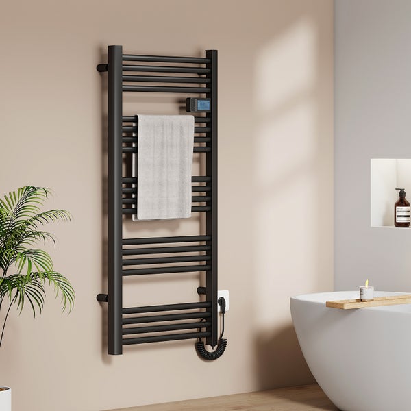 EMKE Handtuchheizkörper Elektrisch 1200 x 540 mm Elektrischer Badheizkörper mit Touchschalter Timer, Handtuchtrokner Handtuchwärmer Schwarz 600W