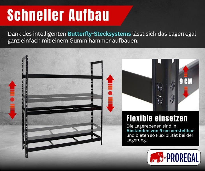 Lagerregal mit Butterfly-Stecksystem, Regalböden alle 9 Zentimeter höhenverstellbar, Proregal Logo.