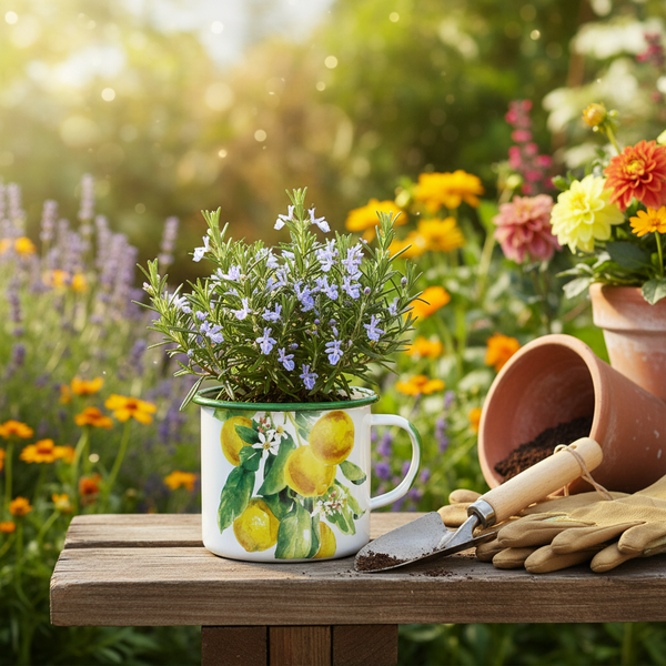 Blühende Rosmarinpflanze in Emailletasse mit Zitronen-Dekor auf Holztisch im hellen Garten neben Gartenhandschuhen und einer Handschaufel.