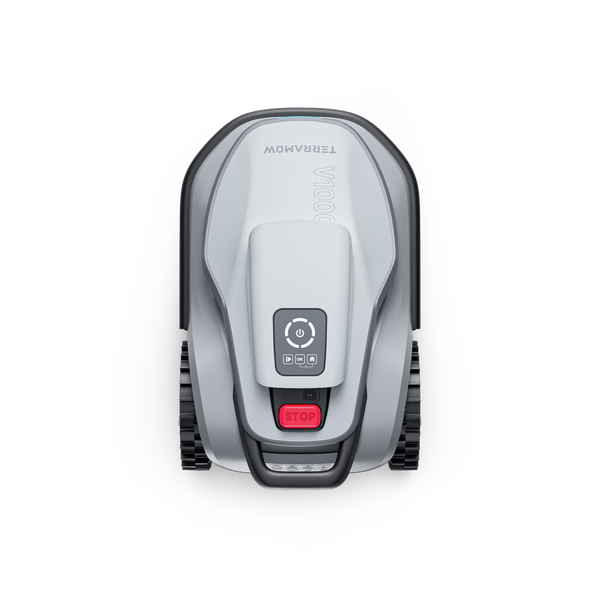 Grauer Mähroboter Terramow V1000 in der Draufsicht mit Bedienfeld und roter Stopptaste.