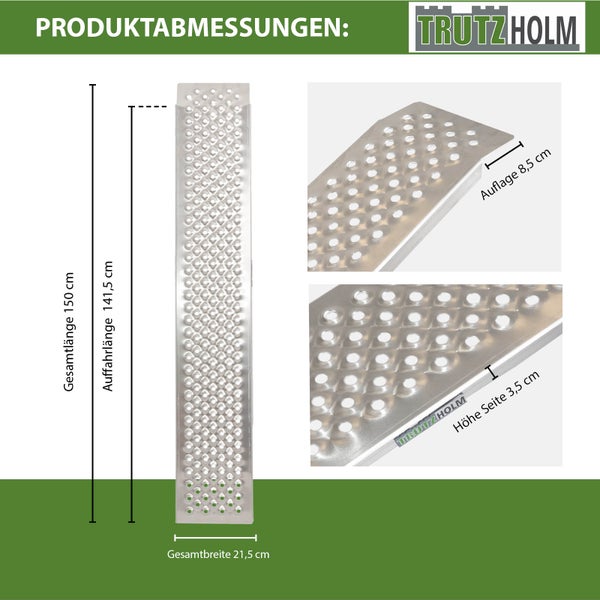 TRUTZHOLM 2 x Alu Auffahrrampen 150 x 21,5 cm 200 kg rutschhemmend starr Fahrradrampen Verladerampen