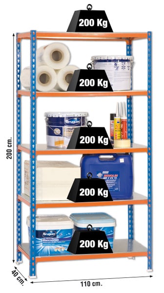 Schwerlastregal BIG METAL SHARK | HxBxT 200x110x40cm | Fachlast 200kg | Blau-Orange