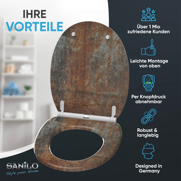 Sanilo WC-Sitz mit Rost-Dekor, einfache Montage von oben, abnehmbar per Knopfdruck, robust und langlebig, in Deutschland entworfen.