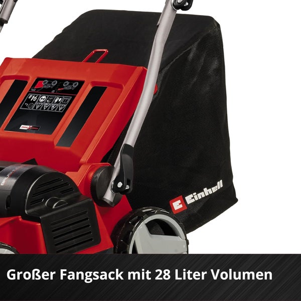 Einhell Rasenmäher mit einem 28 Liter Grasfangsack.