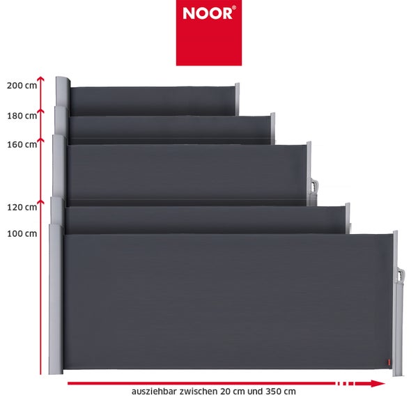 NOOR Logo, ausziehbare Seitenmarkise in verschiedenen Hoehen von 100 bis 200 Zentimeter, ausziehbar bis 350 Zentimeter.