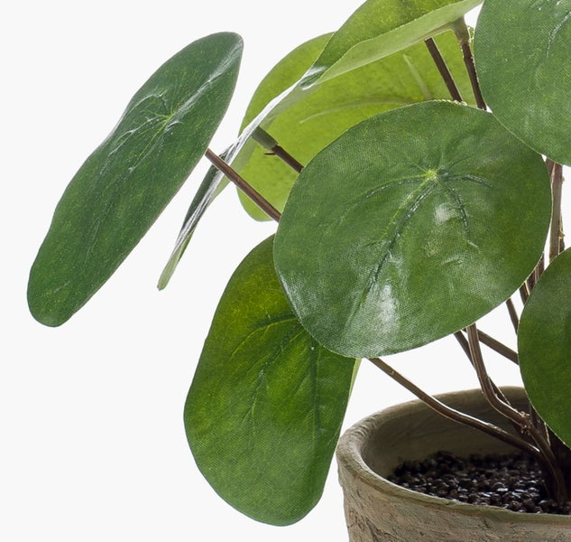 Künstliche Ufopflanze Pilea mit runden grünen Blättern in einem Tontopf.