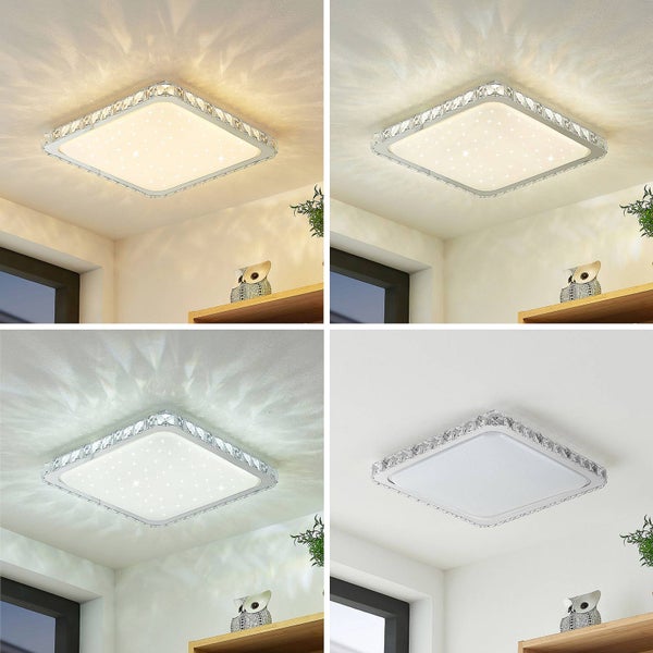 Quadratische LED-Deckenleuchte mit Sternenhimmel-Effekt und Kristalldekor am Rand, dargestellt in verschiedenen Farbtemperaturen.