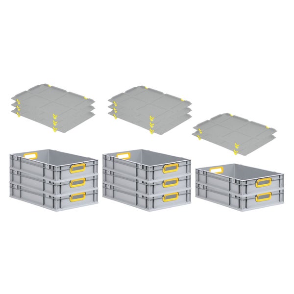 PROREGAL Spar Set 8x Eurobox Nextgen Color Mit Auflagedeckel & Schiebeschnappverschlüsse HxBxT 12 x 40 x 60 cm Griffe Gelb Offen Glatter Boden