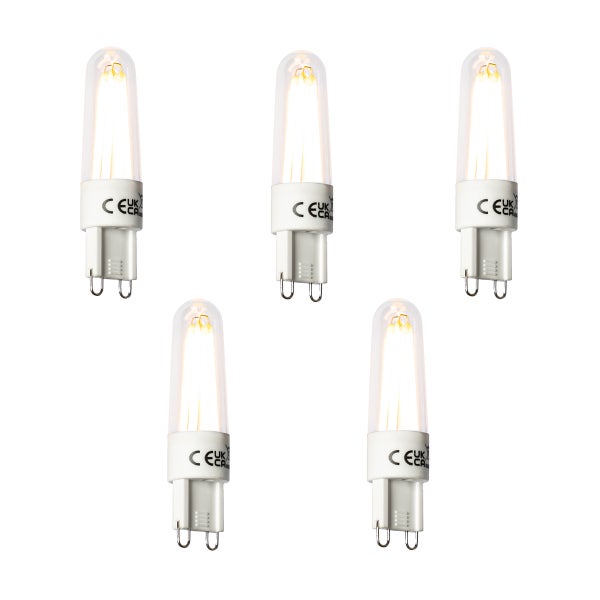 Fünf G9 LED Leuchtmittel mit weißem Stiftsockel, klarem Glas und warmweißem Licht.