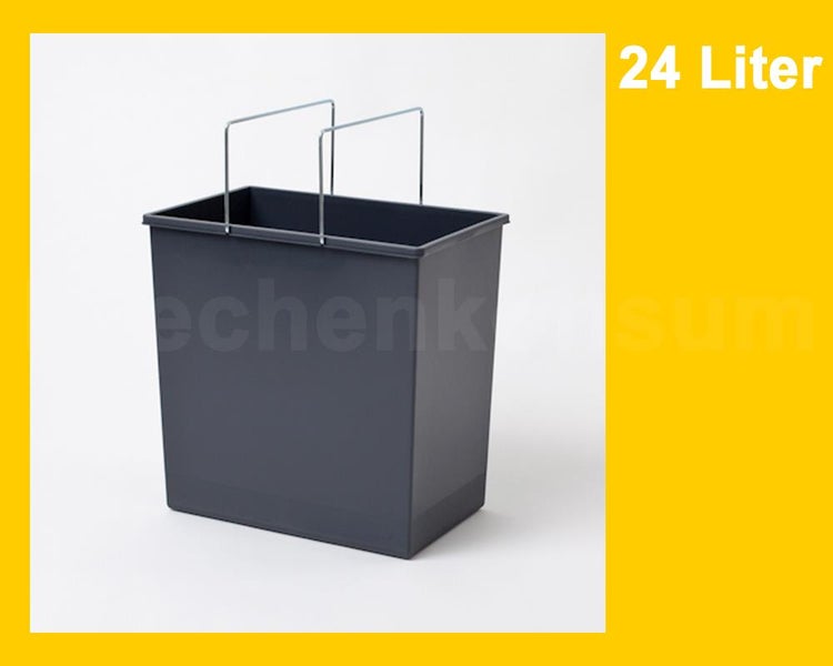 Dunkelgrauer Abfalleimer aus Kunststoff mit 24 Liter Volumen und zwei Tragebügeln aus Metall.