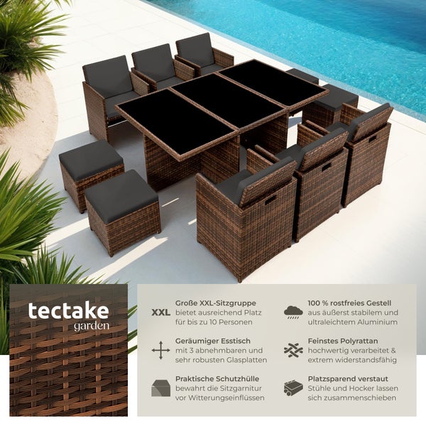 Rattan Sitzgruppe tectake New York 2 Bezugssets, zusammenschiebbar, inklusive Schutzhülle mit Aluminiumgestell schwarz/braun