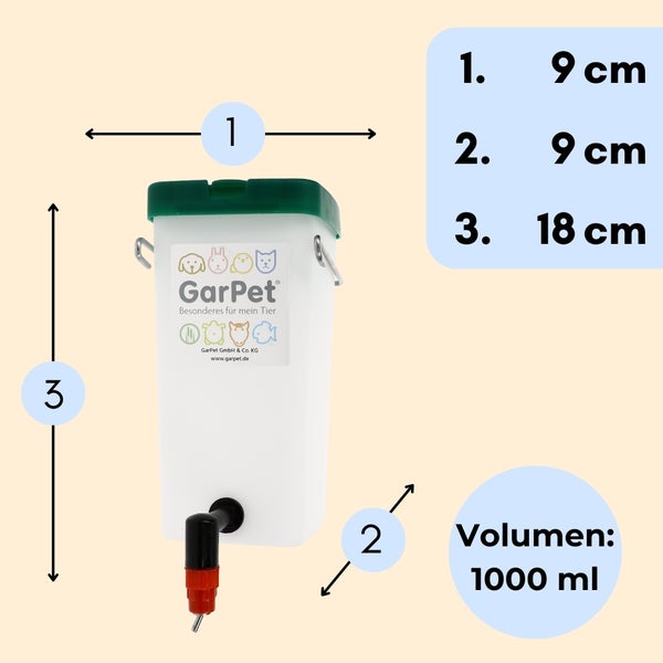 GarPet Tränkeautomat für Tiere, Abmessungen: 9 cm breit, 9 cm tief, 18 cm hoch, Volumen: 1000 ml