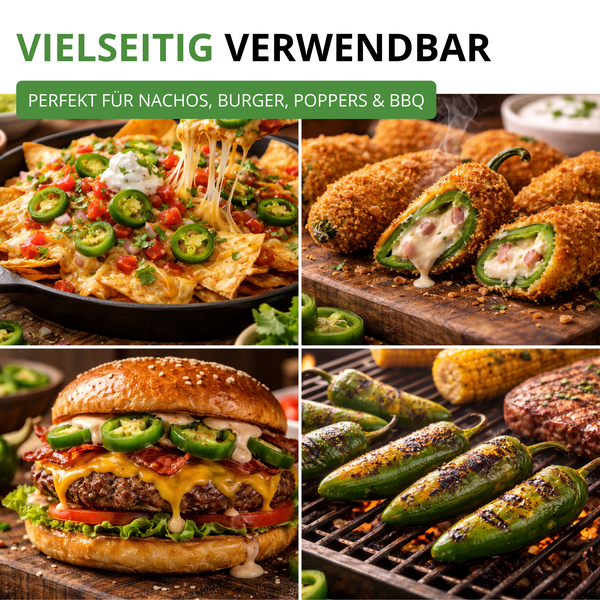 Speisen mit Jalapeños: Nachos mit Käse, gefüllte Jalapeño-Poppers, Burger mit Jalapeños und gegrillte Jalapeños auf dem Grill.