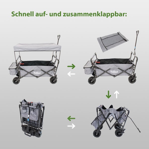 Bollerwagen faltbar mit Sonnendach in grau mit Vollgummi-Breitreifen Transportwagen Handwagen