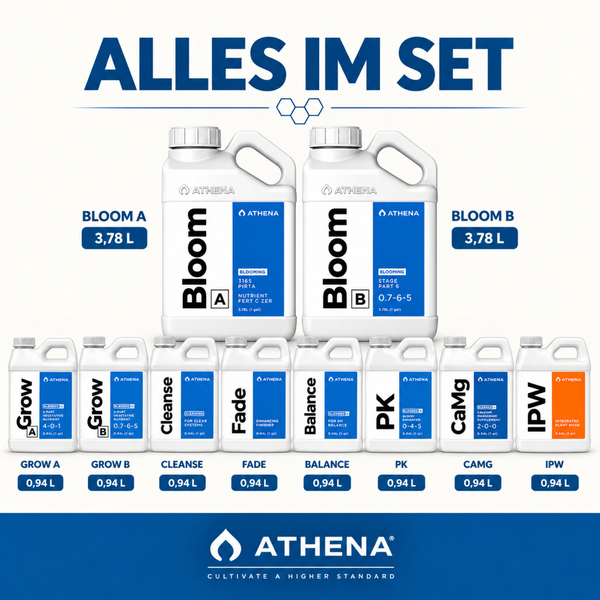 Athena Pflanzennährstoff Düngerset mit Bloom A und B sowie verschiedenen Zusatzmitteln in unterschiedlichen Flaschengrößen für die Pflanzenpflege.