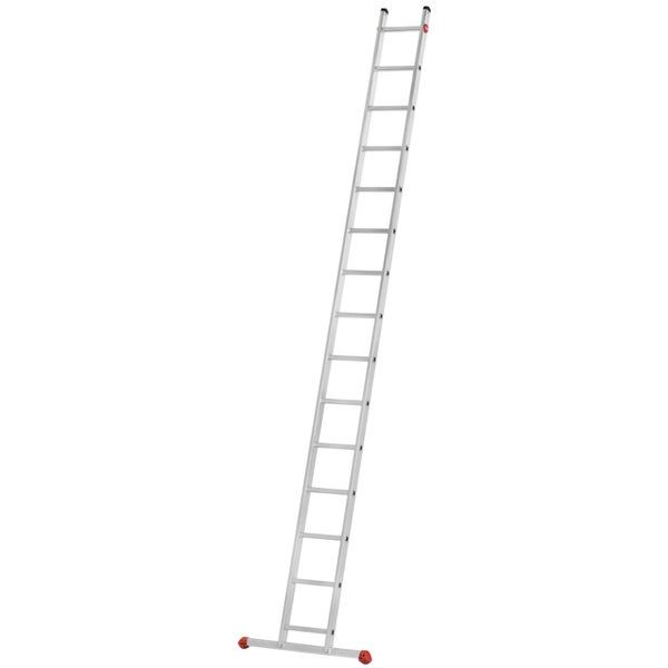 Lange Anlegeleiter aus Aluminium mit Sprossen und breiter Quertraverse für sicheren Stand.