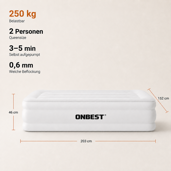 ONBEST Queensize Luftbett, 203x152x46 Zentimeter, 250 Kilogramm belastbar, 2 Personen, selbstaufblasend in 3 bis 5 Minuten, 0,6 Millimeter Beflockung.