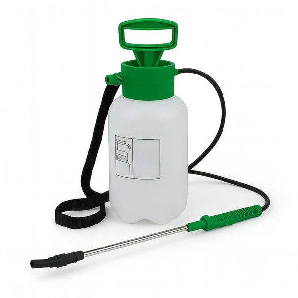 Drucksprühgerät in Weiß und Grün mit Kunststoffbehälter, Pumpgriff, Sprühlanze, Schlauch und Tragegurt.