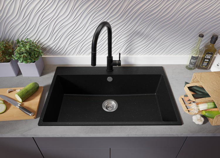 PRIMAGRAN Spülbecken Schwarz Metallic 78x50cm, Granitspüle 1 Becken + Ablauf-Set, Küchenspüle ab 80er Unterschrank - Riga