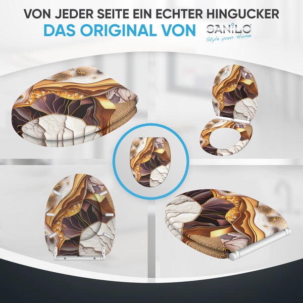 Sanilo WC Sitz mit Marmoroptik und Goldakzenten, verschiedene Ansichten für Badgestaltung.