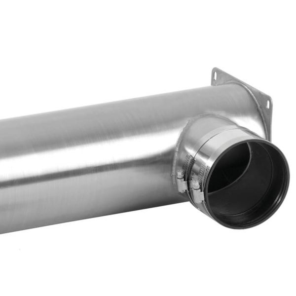 T-Stück aus Edelstahl für Lüftungssysteme mit seitlichem Anschluss, Schlauchschelle und Befestigungsflansch.