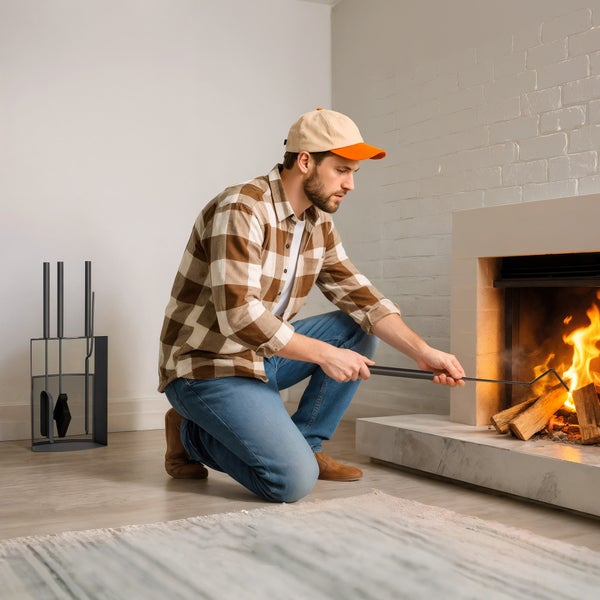Mann hockt vor einem Kamin und verwendet ein Schürhaken, daneben steht ein Kaminbesteck