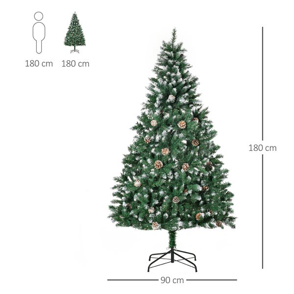 Künstlicher Weihnachtsbaum mit verschneiten Spitzen und Tannenzapfen, Höhe 180 Zentimeter, Breite 90 Zentimeter, inklusive Metallständer.