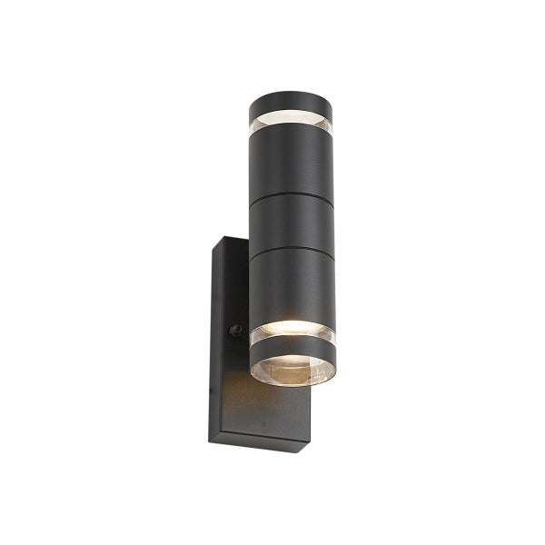 Moderne zylindrische Außenwandleuchte in Anthrazit mit Lichtaustritt nach oben und unten.