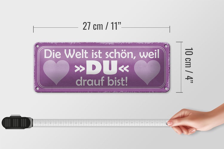 Blechschild Spruch 27x10cm Welt ist schön weil DU bist Dekoration