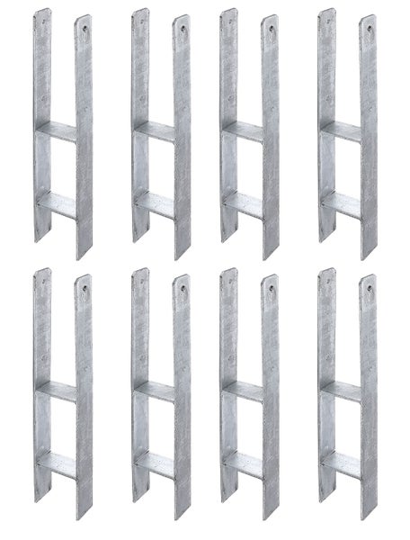 Set aus acht verzinkten U-Pfostenträgern zum Einbetonieren für stabile Holzpfostenbefestigungen.
