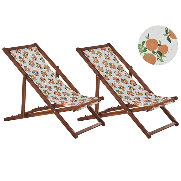 Set mit 2 klappbaren Liegestühlen ANZIO mit Ersatzstoffen Blumenmuster Akazienholz Dunkelbraun