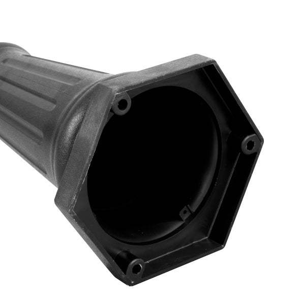 Sechseckiger Standfuß aus schwarzem Kunststoff mit drei Befestigungslöchern und längs geripptem Pfosten.