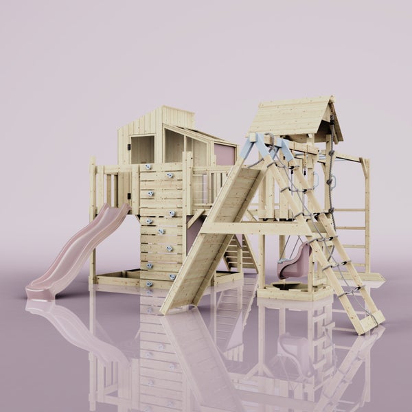 Spielturm aus Holz mit Rutsche, Kletterwand und Schaukel