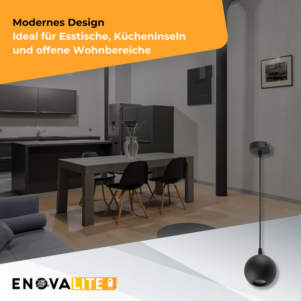 Modernes Esszimmer mit Esstisch, Stühlen und einer EnovaLite Pendelleuchte