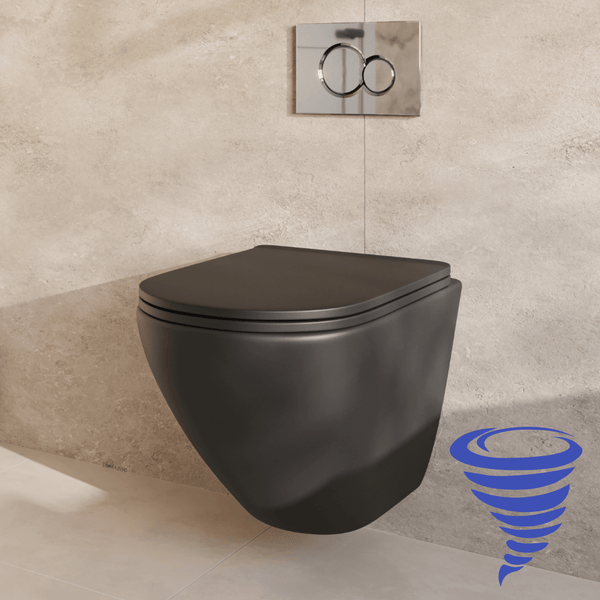 Wandhänge-WC in mattem Design mit Unterputz-Betätigungsplatte vor einer gefliesten Wand