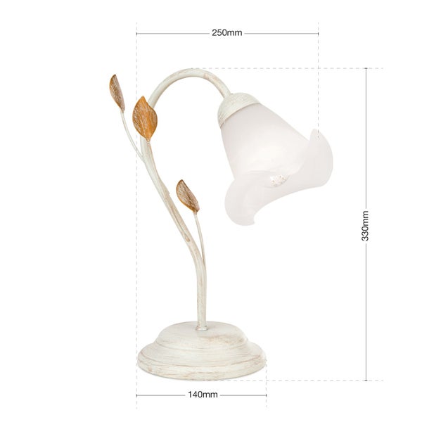 Tischleuchte im Blumen Design mit Glas Schirm und Metallgestell inklusive Maßangaben
