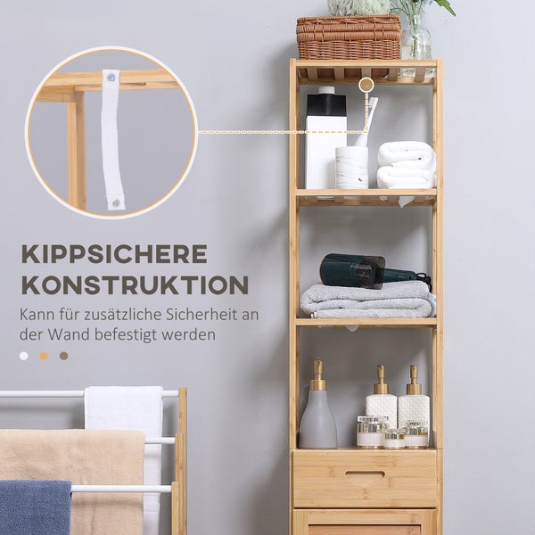 kleankin Badezimmerschrank Badschrank Aufbewahrungsschrank mit Schublade, drei Ablagen, offenes Fach, Bambus, Schrank Hochschrank für Badezimmer und Wohnzimmer, 32 x 30 x 163 cm Naturholz